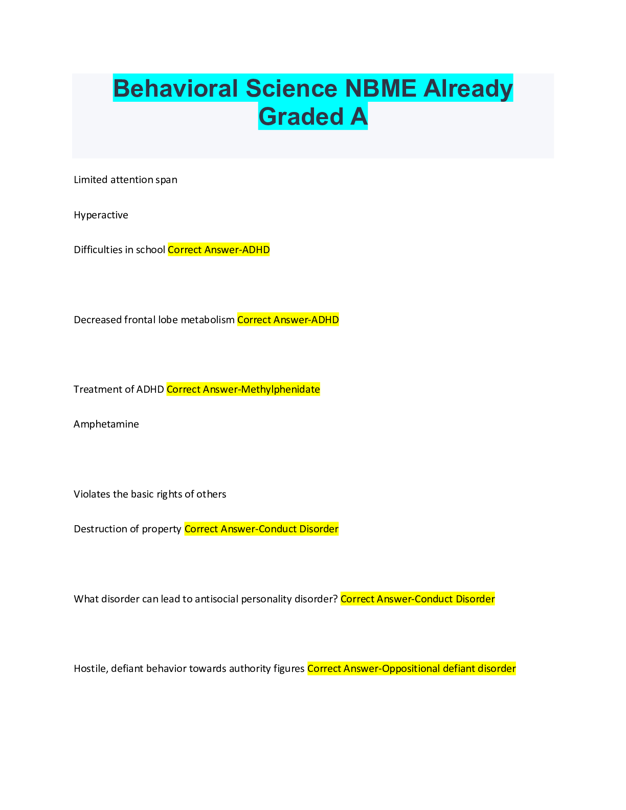Preview of Behavioral Science NBME Already Graded A